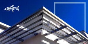 close up of an aluminum sunshade on a building