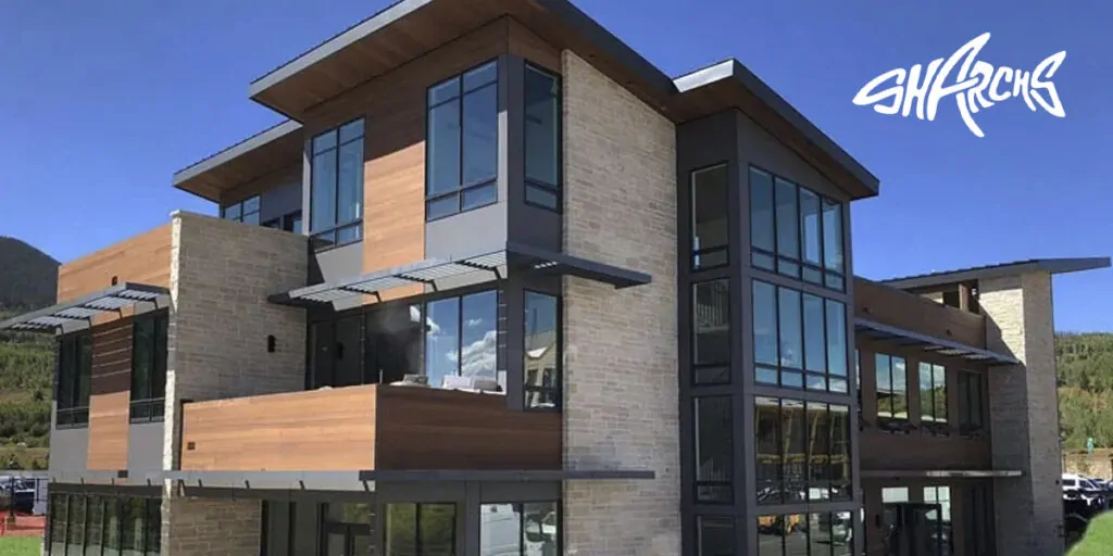 building with canopies and sunshades