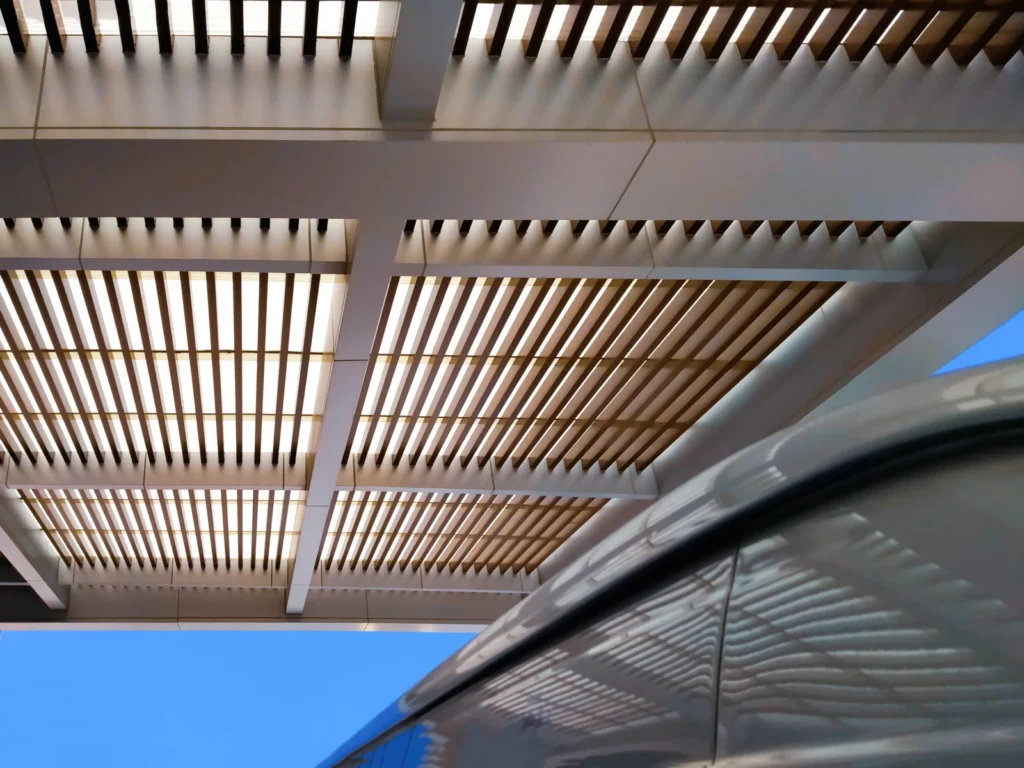 Underside of an aluminum louvered canopy