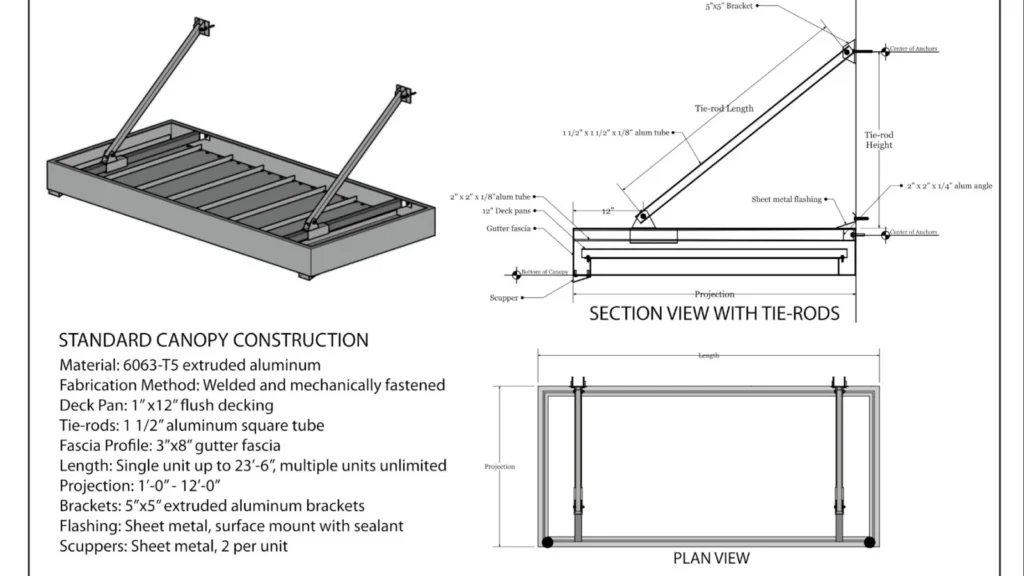 Bull aluminum canopy product data sheet with section views