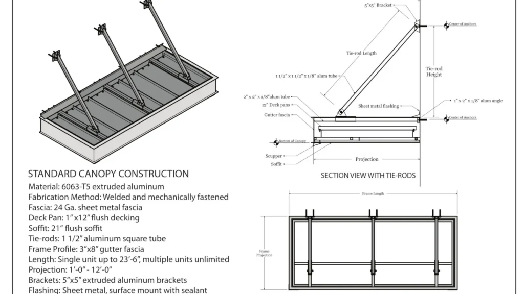 Hammerhead aluminum canopy product data sheet with section views